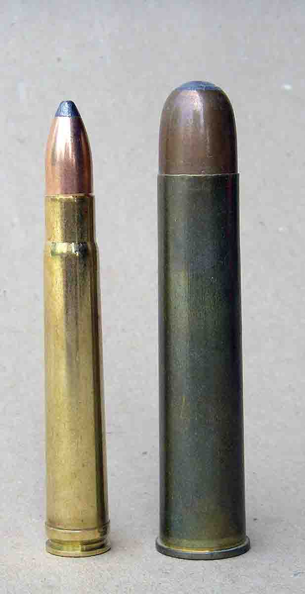 The .375 H&H Magnum (left) is a medium-bore cartridge of unusual versatility. It is not a “stopping” cartridge, such as the big-bore .600 Nitro Express (right).